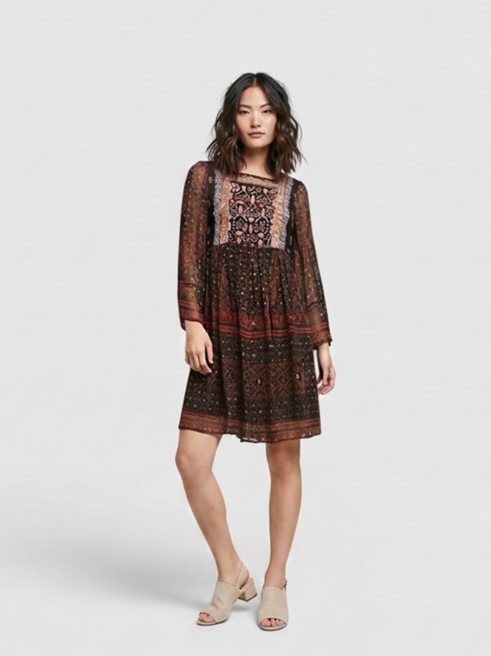 Anthropologie Akemi + Kin Munro Embroidered Beaded Boho Chiffon Dress Xsmall